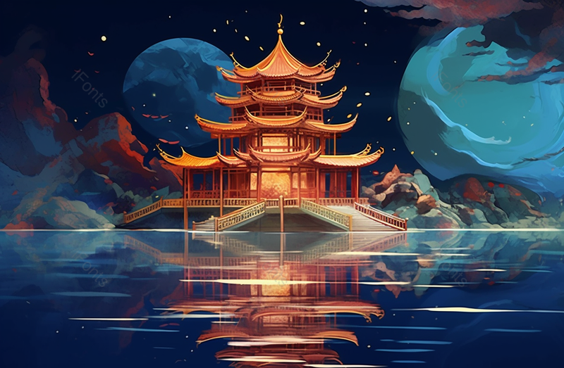 中国风山水凉亭亭台楼阁夜空下宁静的湖泊倒映出建筑插画,插画/手绘图,插画/手绘图库,插画/手绘图下载,插画/手绘